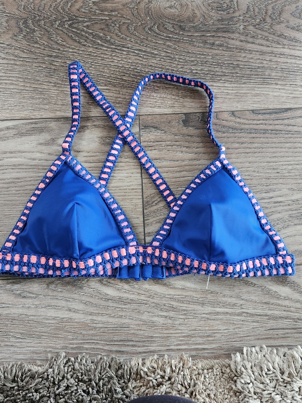 Victoria's Secret Blue Pink Triangle Swim Top with Pink Trim Medium